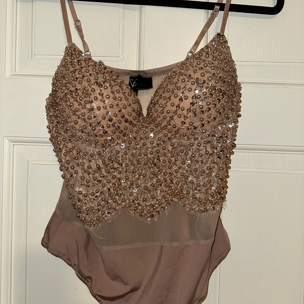 Windsor Beaded Bodysuit in Brown